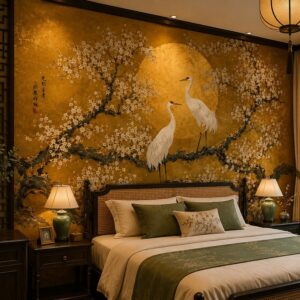 Tranh dán tường phòng ngủ indochine đôi chim hạc hoa mai nền vàng in19820269