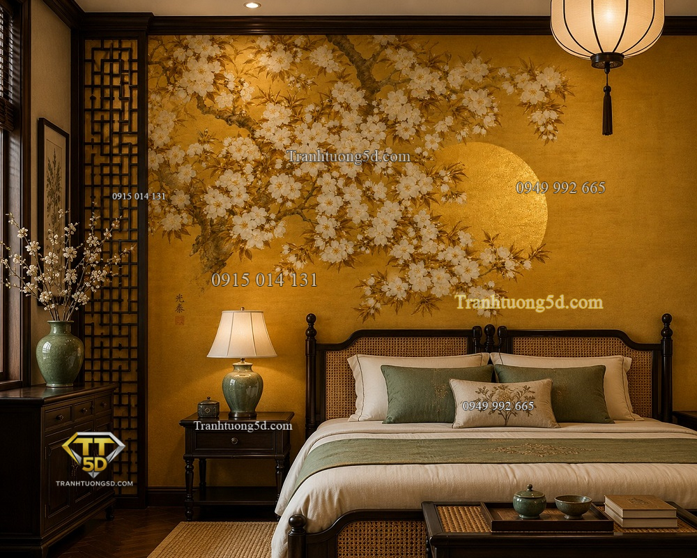 Tranh dán tường phòng ngủ indochine hoa mai trắng nền vàng ánh kim in19820268