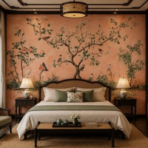 Tranh dán tường phòng ngủ indochine hoa mẫu đơn chim cảnh nền hồng ab1007293471