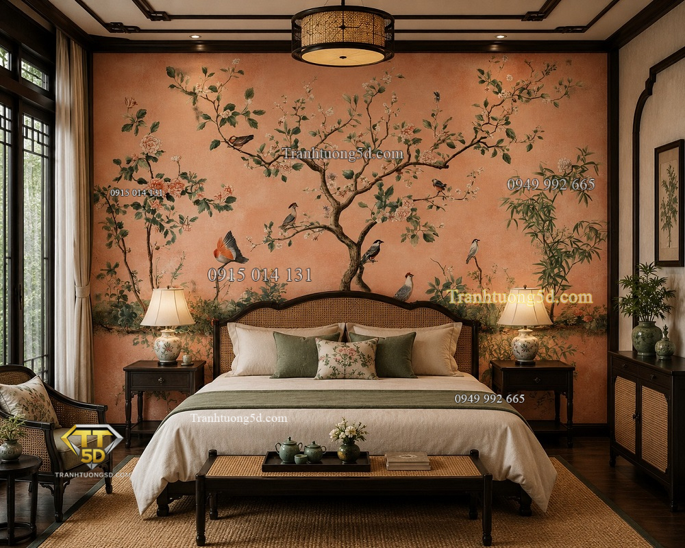 Tranh dán tường phòng ngủ indochine hoa mẫu đơn chim cảnh nền hồng ab1007293471