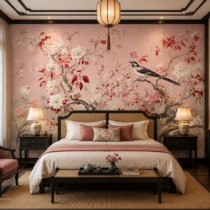 Tranh dán tường phòng ngủ indochine hoa mẫu đơn chim cảnh nền hồng pastel ab641347326