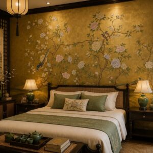 Tranh dán tường phòng ngủ indochine hoa mẫu đơn chim cảnh nền vàng in198202613