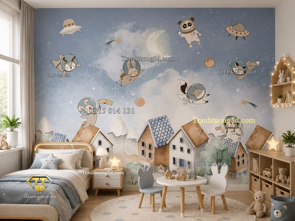 Tranh dán tường phòng ngủ trẻ em vũ trụ phi hành gia động vật st2684455601