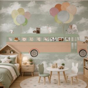 Tranh dán tường phòng ngủ trẻ em xe buýt động vật và bóng bay st2574067009