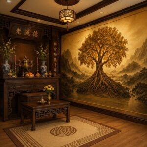 Tranh dán tường phòng thờ cây bồ đề vàng bd20820261