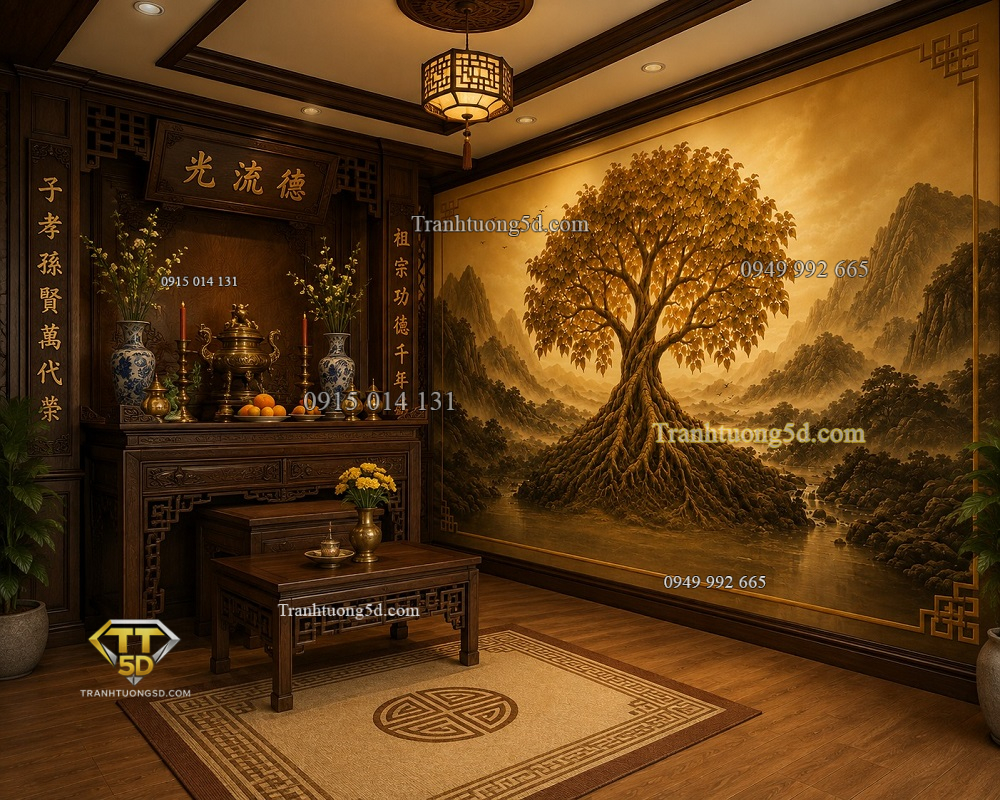 Tranh dán tường phòng thờ cây bồ đề vàng bd20820261
