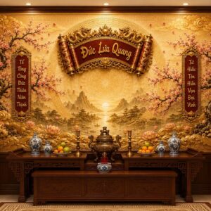 Tranh dán tường phòng thờ đức lưu quang hoa đào sơn thủy hoa sen 3d 5d 8d pt27820262