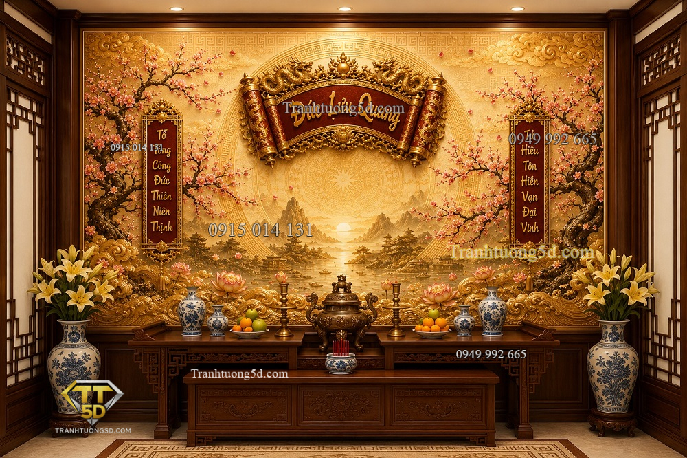 Tranh dán tường phòng thờ đức lưu quang hoa đào sơn thủy hoa sen 3d 5d 8d pt27820262