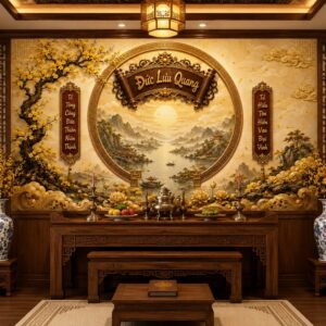 Tranh dán tường phòng thờ mai vàng cuốn thư câu đối pt28820262
