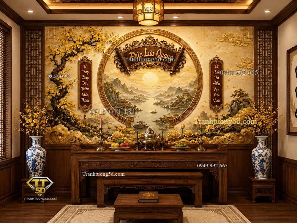 Tranh dán tường phòng thờ mai vàng cuốn thư câu đối pt28820262