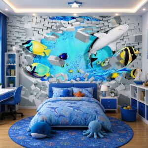 Tranh dán tường phòng trẻ em đại dương 3d cá heo phá tường dd140