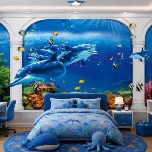 Tranh dán tường phòng trẻ em đại dương cá heo 3d dd124