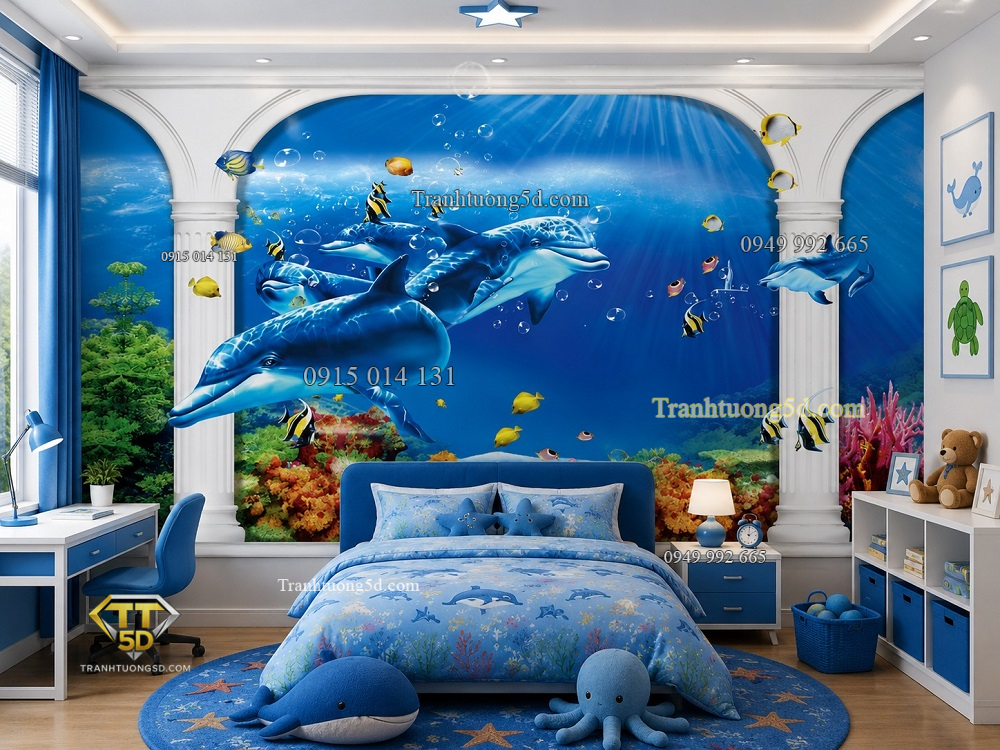 Tranh dán tường phòng trẻ em đại dương cá heo 3d dd124