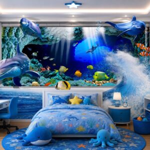 Tranh dán tường phòng trẻ em đại dương cá heo 3d dd127