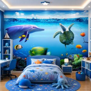 Tranh dán tường phòng trẻ em đại dương cá heo rùa biển dd144