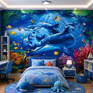 Tranh dán tường phòng trẻ em đại dương cá heo san hô dd145