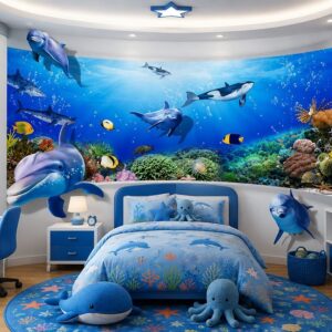 Tranh dán tường phòng trẻ em đại dương cá heo sinh động dd129