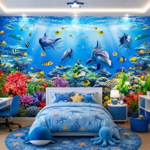 Tranh dán tường phòng trẻ em đại dương cá heo và san hô dd137