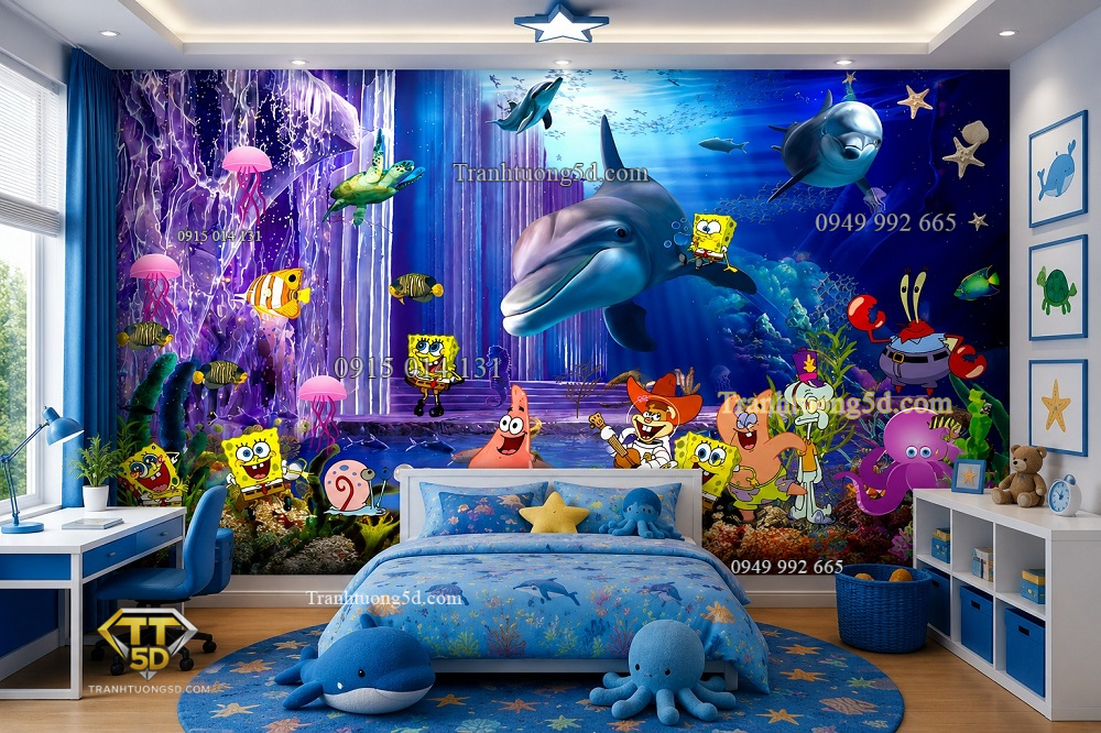 Tranh dán tường phòng trẻ em đại dương spongebob và cá heo dd128