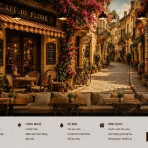Tranh dán tường quán cafe cổ điển phố châu âu hoa giấy vintage 3d cf18820263