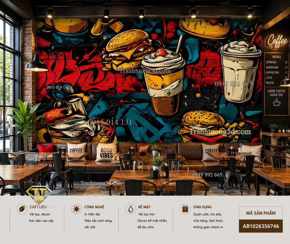 Tranh dán tường quán cafe coffee burger đồ uống phong cách graffiti cá tính 3d ab1026356746