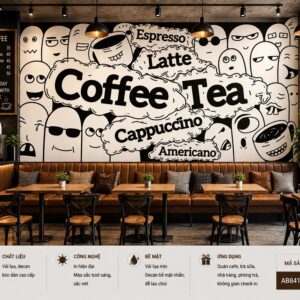 Tranh dán tường quán cafe coffee tea phong cách doodle đen trắng cá tính 3d ab841835917