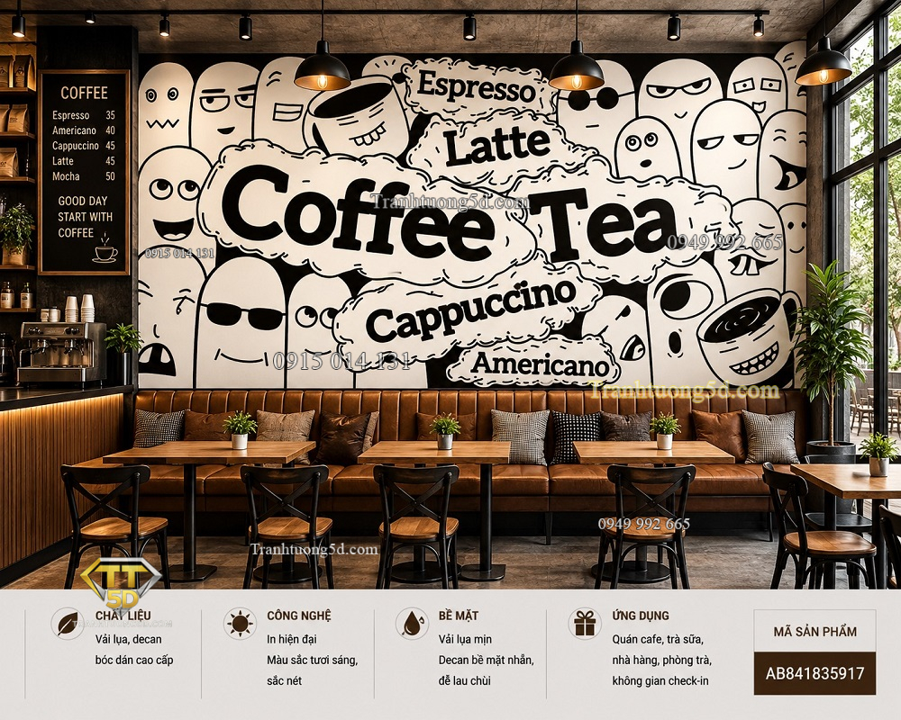 Tranh dán tường quán cafe coffee tea phong cách doodle đen trắng cá tính 3d ab841835917