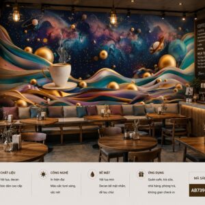 Tranh dán tường quán cafe coffee vũ trụ hành tinh sóng nghệ thuật 3d ab739692246