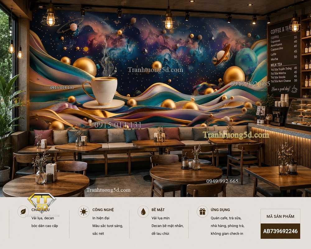 Tranh dán tường quán cafe coffee vũ trụ hành tinh sóng nghệ thuật 3d ab739692246