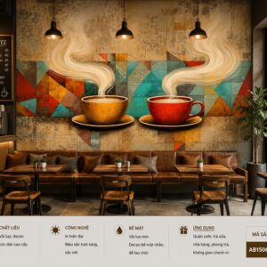 Tranh dán tường quán cafe hai tách cà phê nghệ thuật hình học vintage 3d ab1506086334