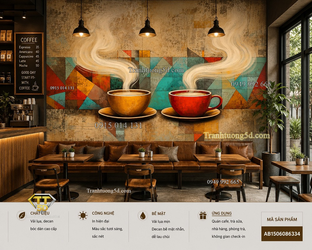Tranh dán tường quán cafe hai tách cà phê nghệ thuật hình học vintage 3d ab1506086334
