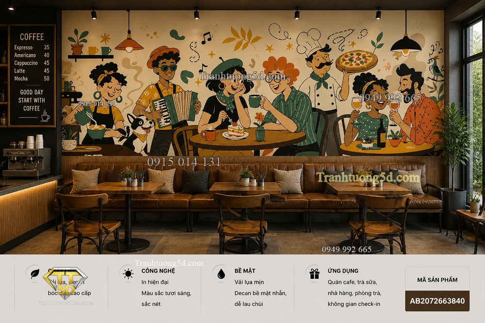 Tranh dán tường quán cafe minh họa hoạt hình không gian coffee ấm cúng 3d ab2072663840