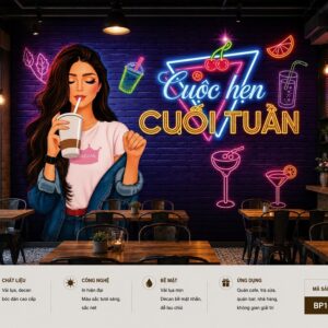 Tranh dán tường quán cafe neon cuộc hẹn cuối tuần phong cách trẻ trung 3d bp10441