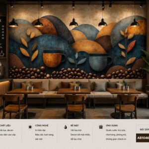 Tranh dán tường quán cafe nghệ thuật ly cà phê hạt cà phê tone nâu xanh 3d ab1046683364