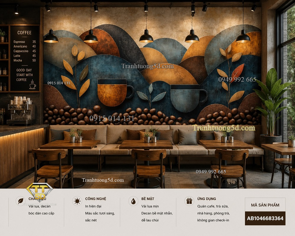 Tranh dán tường quán cafe nghệ thuật ly cà phê hạt cà phê tone nâu xanh 3d ab1046683364