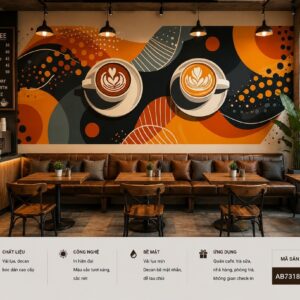 Tranh dán tường quán cafe nghệ thuật ly cà phê latte tone cam đen hiện đại 3d ab731837468
