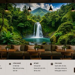 Tranh dán tường quán cafe thác nước rừng nhiệt đới xanh mát 3d ab899356253
