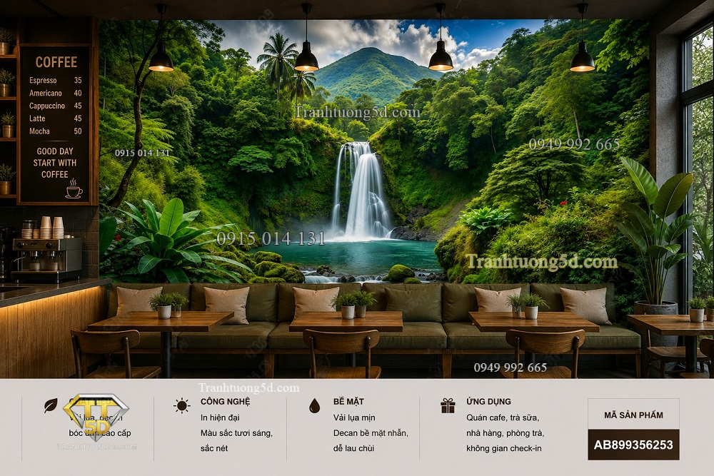 Tranh dán tường quán cafe thác nước rừng nhiệt đới xanh mát 3d ab899356253