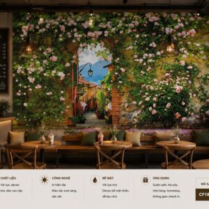 Tranh dán tường quán cafe trà sữa hoa hồng cổng vòm phố châu âu 3d cf18820261