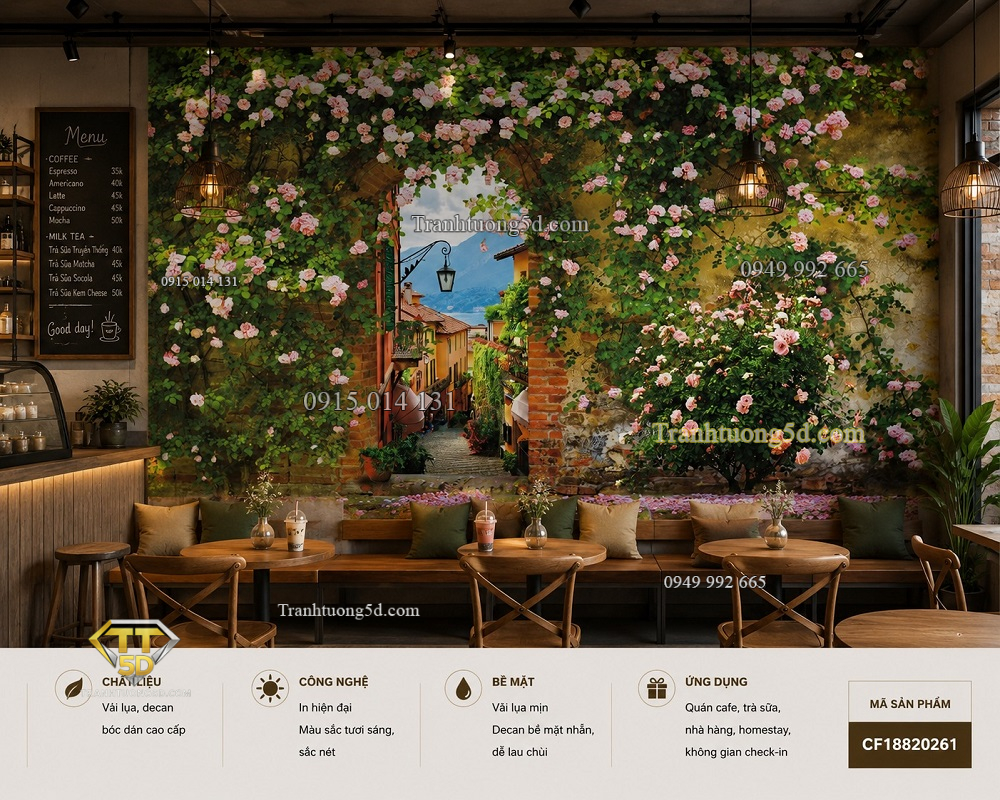 Tranh dán tường quán cafe trà sữa hoa hồng cổng vòm phố châu âu 3d cf18820261
