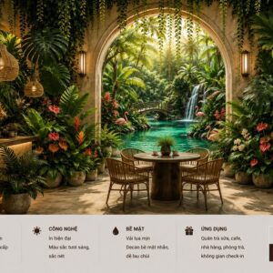Tranh dán tường quán cafe trà sữa tropical rừng nhiệt đới thác nước 3d cf18820262