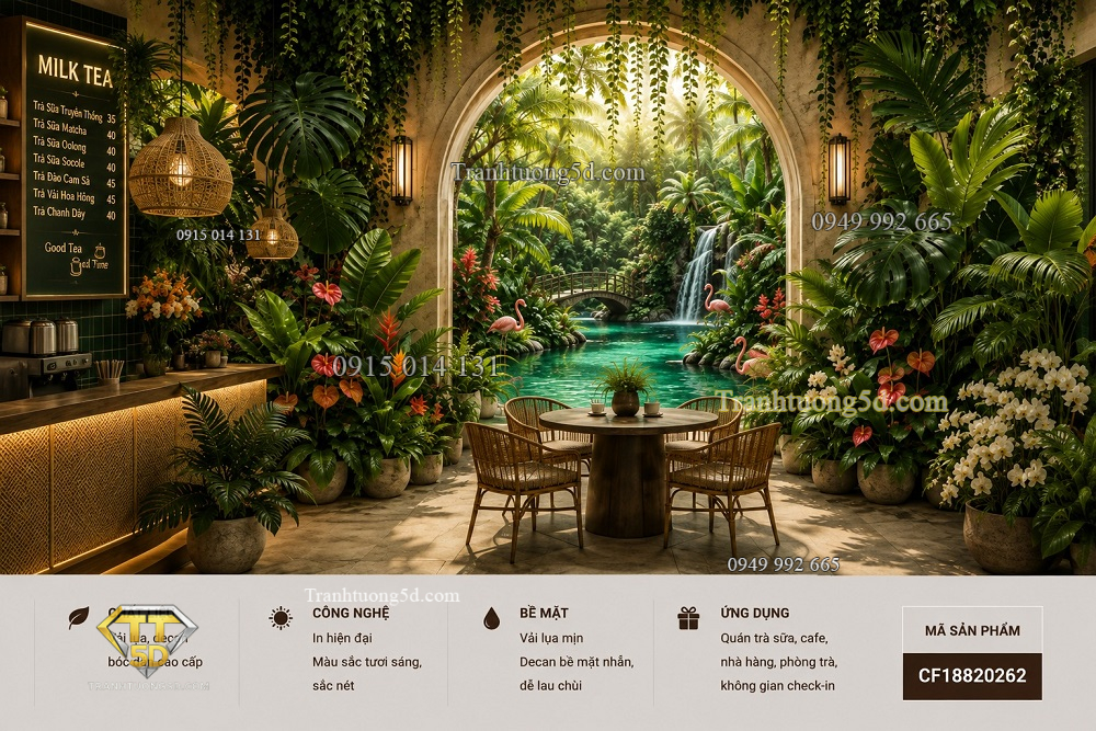 Tranh dán tường quán cafe trà sữa tropical rừng nhiệt đới thác nước 3d cf18820262