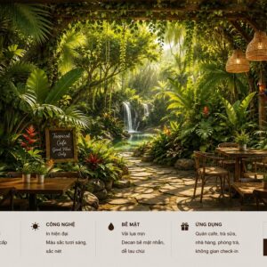 Tranh dán tường quán cafe tropical rừng nhiệt đới thác nước xanh mát 3d cf18820261
