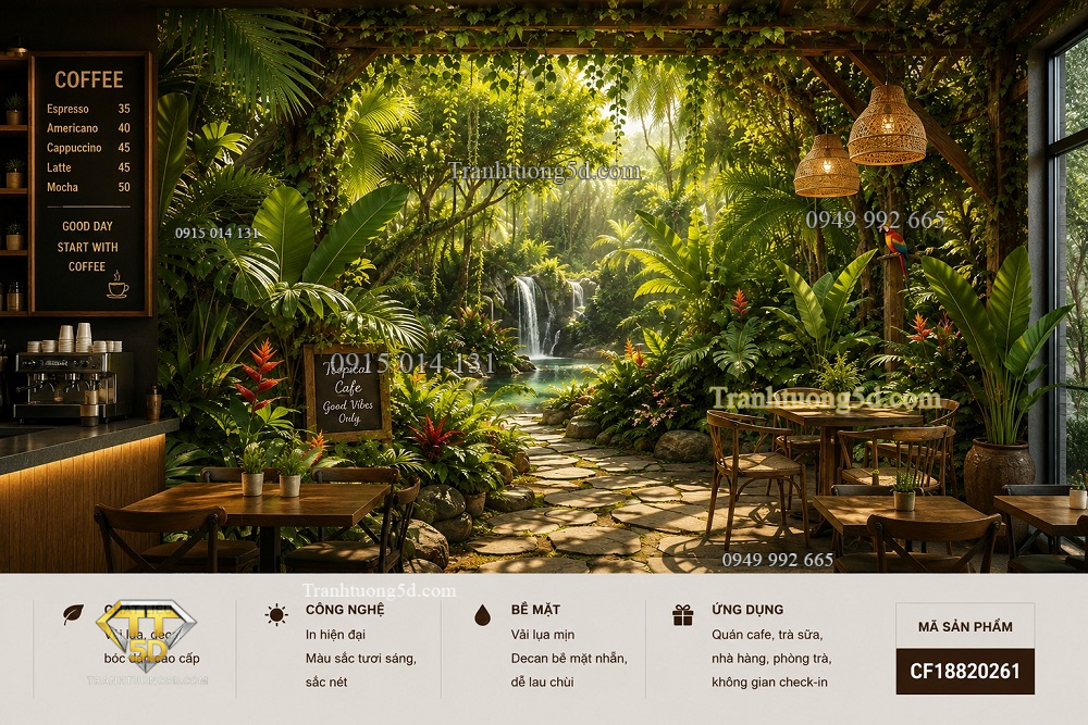 Tranh dán tường quán cafe tropical rừng nhiệt đới thác nước xanh mát 3d cf18820261