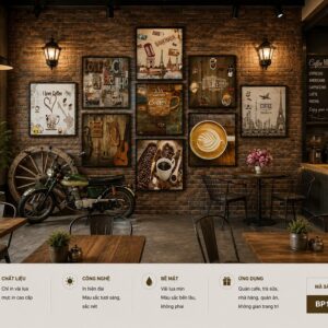 Tranh dán tường quán cafe vintage công nghiệp gạch đỏ cà phê 3d bp10442