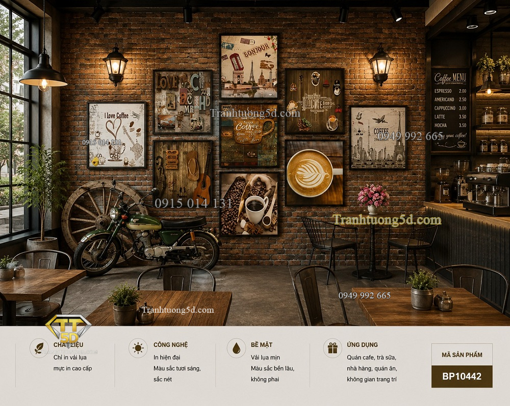 Tranh dán tường quán cafe vintage công nghiệp gạch đỏ cà phê 3d bp10442