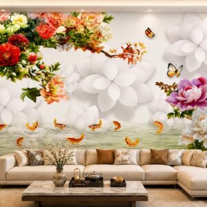 Tranh hoa mẫu đơn hồ cá koi dán tường phòng khách 50477