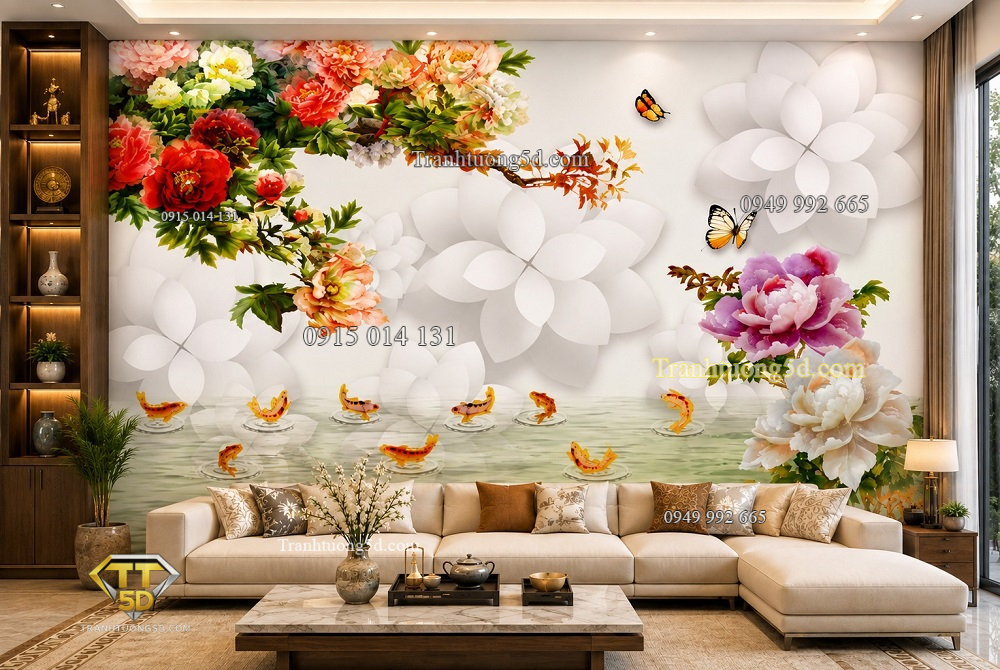 Tranh hoa mẫu đơn hồ cá koi dán tường phòng khách 50477