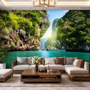 Tranh phong cảnh đồi núi dán tường phòng khách núi đá hồ xanh thiên nhiên 3d 5d 8d 00970