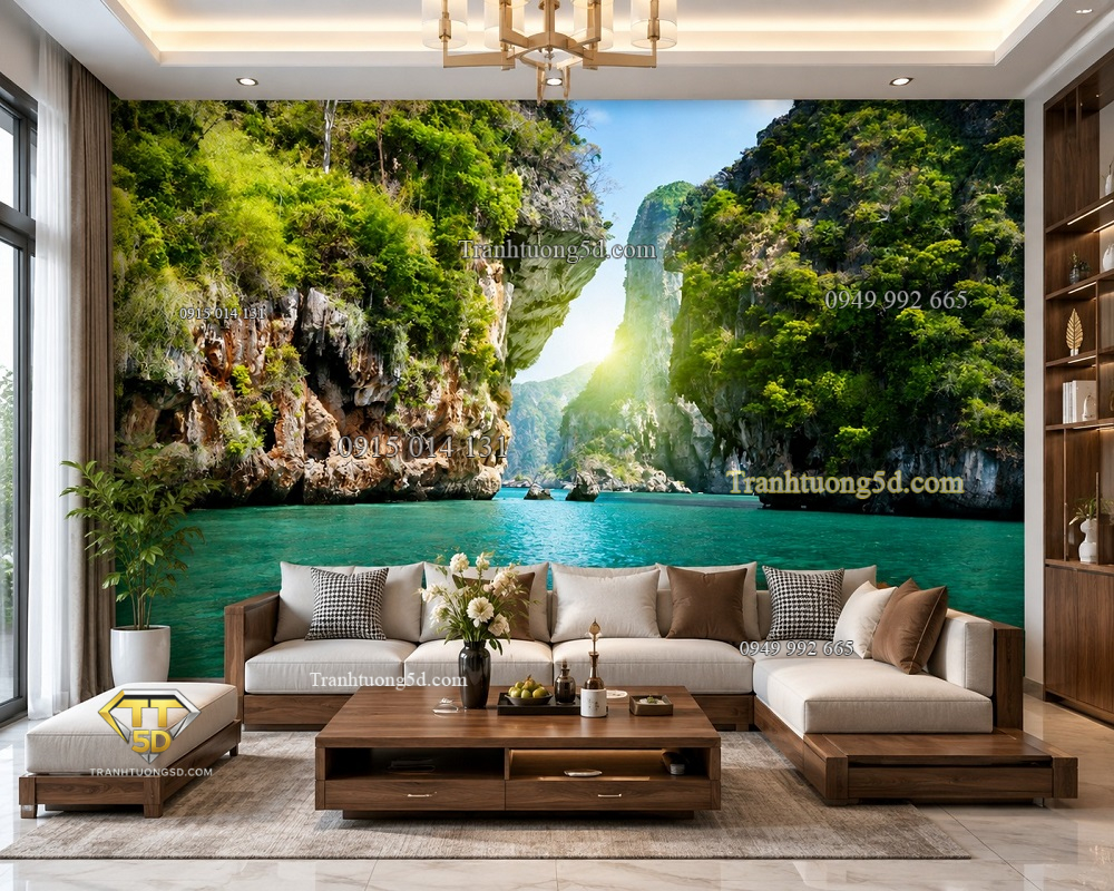 Tranh phong cảnh đồi núi dán tường phòng khách núi đá hồ xanh thiên nhiên 3d 5d 8d 00970